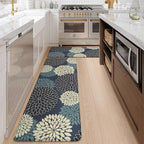 KIMODE Padded Anti Fatigue Rug Sets of 2, Ergonomic Standing Kitchen Rugs 2PCS, Boho Dahlia Kitchen Mats for Floor 2 Pieces Stain Resistant, Non Slip Kitchen Sink Floor Mat, 20"x32"+20"x47", Blue