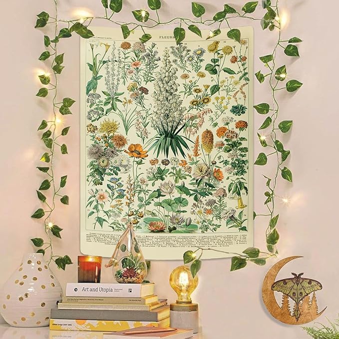 Vintage Flowers Tapestry 48”x36”, Long Vertical Wall Hanging Reference Illustrative Botanical Tapestries for Bedroom Aesthetic Floral Tapistry Botanical Plants Tapestry Wall Hanging Cute Bedroom Decor