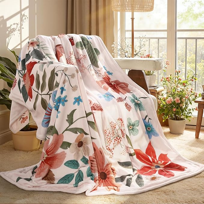 Lahome Floral Fleece Blanket for Women Girls Dorm Boho Decor, Small Throw Blanket for Couch Bed Chair Cover, Decorative Fleece Blanket Throws Mom Gift Spring Home Decor, Border Flower Pink 60x80