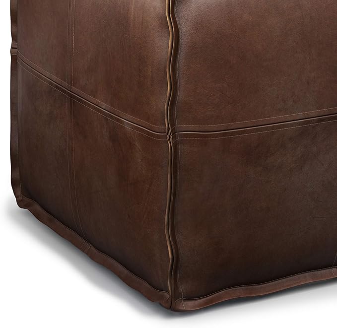 SIMPLIHOME Brody Square Pouf - 18 inch Wide Upholstered Vegan Leather Ottoman in Distressed Dark Brown, Boho Footstool, Coffee Table or Extra Seating for Living Room or Bedroom, Assembled