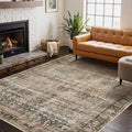 Area Rugs for Living Room Bedroom, Washable Rug, Brown Vintage Retro Boho Rug, Non Slip & Low Pile Wool Thin Carpet for Indoor Dining Room, Kids Room and Office(Charcoal/Olive 4x6ft)