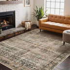 Area Rugs for Living Room Bedroom, Washable Rug, Brown Vintage Retro Boho Rug, Non Slip & Low Pile Wool Thin Carpet for Indoor Dining Room, Kids Room and Office(Charcoal/Olive 4x6ft)