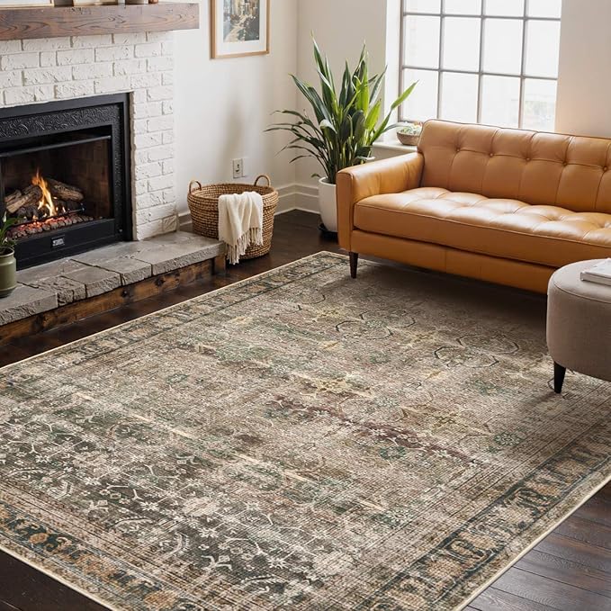 Area Rugs for Living Room Bedroom, Washable Rug, Brown Vintage Retro Boho Rug, Non Slip & Low Pile Wool Thin Carpet for Indoor Dining Room, Kids Room and Office(Charcoal/Olive 4x6ft)