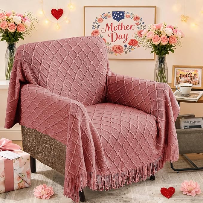 inhand Coral Pink Knitted Throw Blanket for Couch Bed, Mothers Day/Mom Birthday Gifts for Mom from Daughter Son, Soft Lightweight with Tassels, Farmhouse Warm Decorative Blanket for Women, 60"x80"