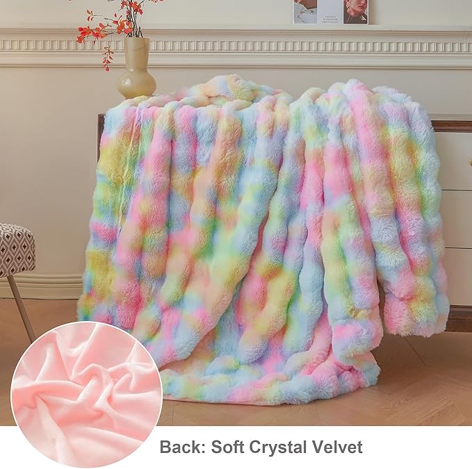 LIFEREVO Fluffy Faux Rabbit Fur Bubble Throw, Rainbow Plush Shaggy Blanket for Couch Sofa Chair, Soft Cute Tie Dye Furry Blanket Adults Kids Girls, Fuzzy Throw for Bedroom Living Room, 50x60, Rainbow