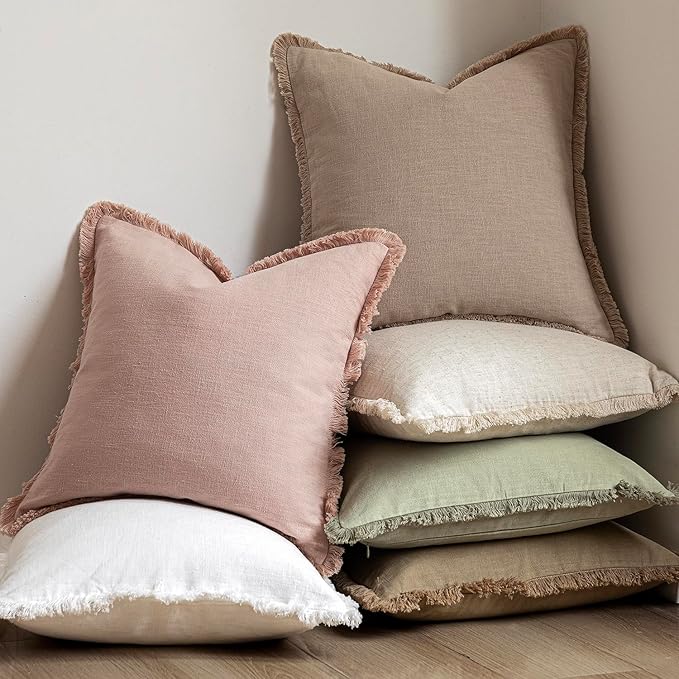 Foindtower Set of 2 Decorative Linen Fringe Lumbar Throw Pillow Covers Boho Farmhouse Cushion Cover with Tassels Soft Accent Pillowcase for Couch Sofa Bed Living Room Home Decor,12×20 Inch,Light Pink
