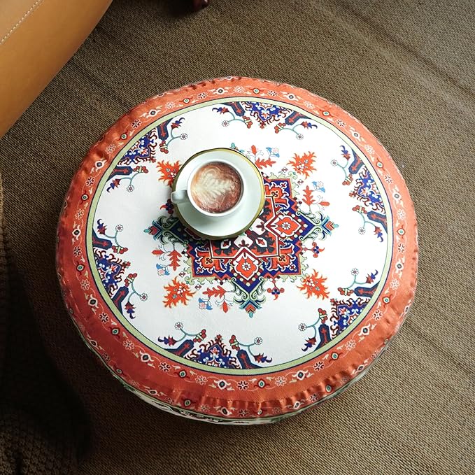 Unstuffed Pouf Cover Ottoman Footrest Bohemian Chenille Foot Stool Floor Bean Bag 20x8 Inches for Living Room Bedroom Home Decor (Orange, Round)