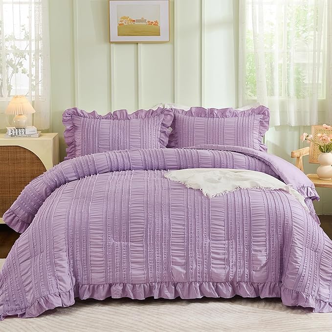 WONGS BEDDING Purple Comforter Set King,3 Pieces Ruffle Farmhouse Shabby Chic Comforter for King Bed,Soft Textured Boho Bedding Set with 1 Ruffle Comforter,2 Tufted Pillowcases 104"×90"