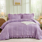 WONGS BEDDING Purple Comforter Set Queen,3 Pieces Ruffle Farmhouse Shabby Chic Comforter for Queen Bed,Soft Seersucker Textured Boho Bedding Set with 1 Ruffle Comforter,2 Tufted Pillowcases 90"×90"