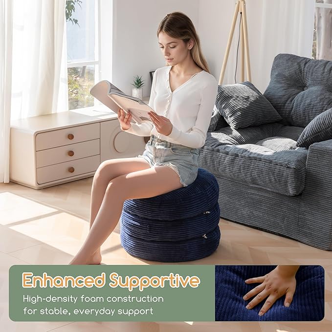 HIGOGOGO Pouf Ottoman Stuffed Round Modern Foam Filled Foot Rest Poufs 20 X 18 Inches Modular Ottomans Separated Into Floor Cushions for Living Room Chair Decorative Stool, Navy
