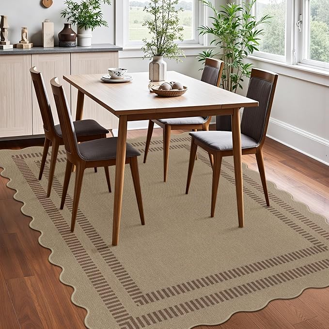 Scalloped 5x7 Rug for Living Room, Easy Jute Washable Outdoor Patio Carpet, Farmhouse Indoor Brown Geometric Rug Neutral Non Slip Carpet for Living Room Backyard