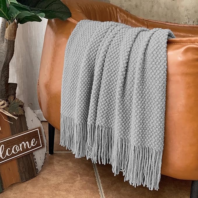 LOMAO Knitted Throw Blanket with Tassels Bubble Textured Lightweight Throws for Couch Cover Home Decor (Light Grey, 60x80)