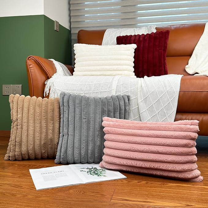 24x24 Pillow Covers, Decorative Faux Fur Throw Pillow Covers for Couch, Sofa Soft Fluffy Pillow Cover with Velvet Back for Living Room, Neutral Home Décor Accent for Bed - Pink