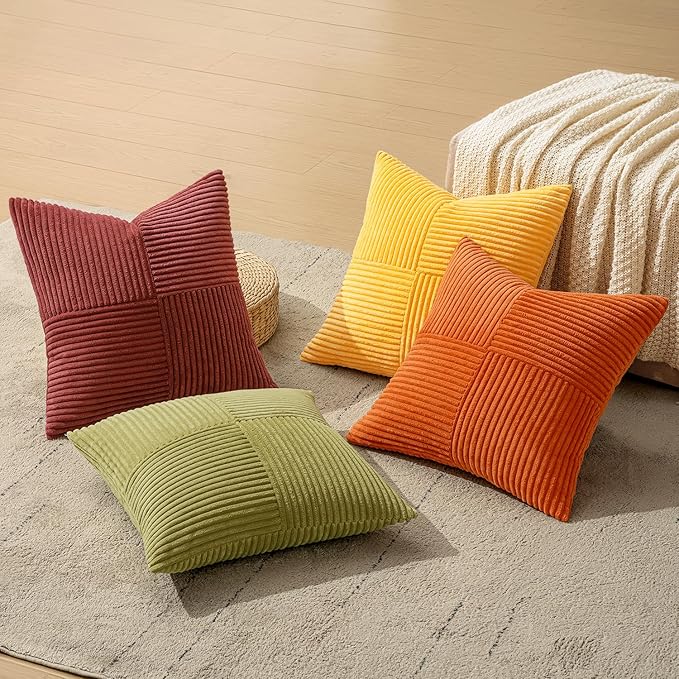 MIULEE Yellow Orange Rust Throw Pillow Covers 20x20 Inch 4 Packs Boho Farmhouse Decorative Color-Clash Pillow Cases Soft Cushion Cases for Couch Sofa Bed Corduroy Striped Home Decor