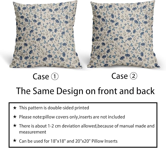 Blue Grey Gray Floral Pillow Covers 22x22 Set of 2 Vintage Rustic Old Style Cute Small Flower Print Decorative Outdoor Pillowcases Farmhouse Throw Cushion Case Decor for Couch Sofa Bed