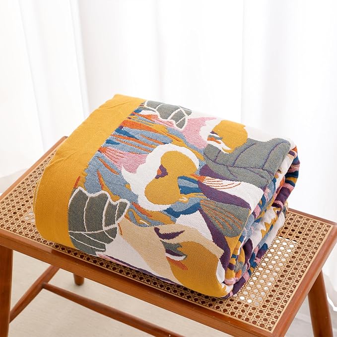 Snycler Boho Throw Blanket for Bed - 100% Cotton Ultra Soft Rustic Quilt - Watercolour Floral Printed Farmhouse Decor Bed Fall Blankets, 60"×80" All Season Rustic Throw for Sofa Couch Chair