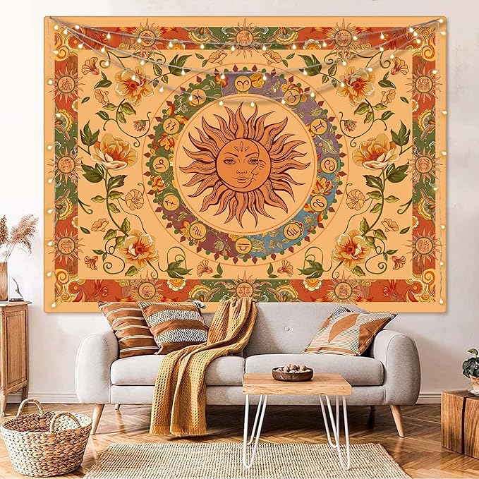 Aipon Vintage Sun Tapestry for Classroom Rainbow Boho 70s Sunshine Sunset Tapestries Wall Hanging Aesthetic Retro Tapestrys for Living Room Dorm (60'' × 50'', Orange)