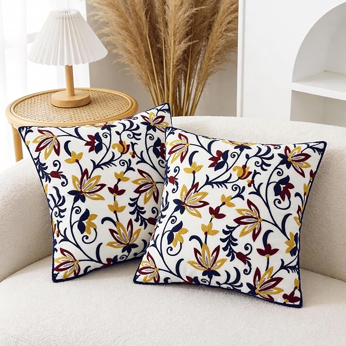 Spring Floral Embroidered Pillow Covers 18x18 Inch Set of 1, Boho Decorative Throw Pillow Cover, Farmhouse Yellow Red Flower Patterned Cushion Case for Couch Sofa Bed Patio Living Room