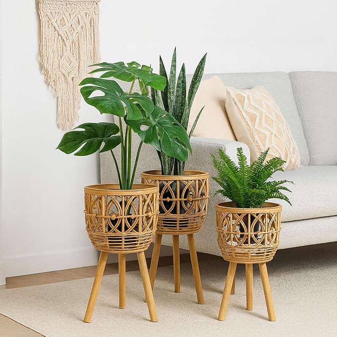 Handcrafted Bamboo Planters with Wooden Legs as Home Decor - Timeless Flower Pots for Entryway and Garden - Patterned Plant Pots for Outdoor and Indoor Plants - Set of 3, 26", 23", 20", Brown
