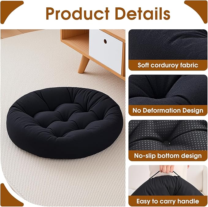 4Pcs Floor Pillows for Adults, 22x22x6 Inch Meditation Cushions, Large Round Sitting Cushion Living Room Memory Foam Pillow for Sitting (4, Black, 22x22x6 Inch)