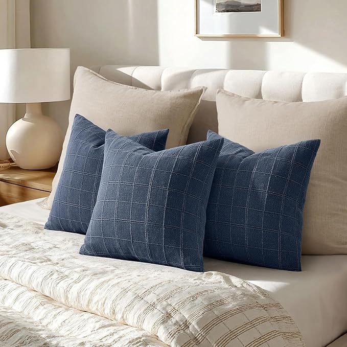 Woaboy Linen Check Throw Pillow Covers Dark Blue Farmhouse Modern Boho Vintage Coastal 22x22 Inch Set of 2 Decorative Cushion Covers for Sofa Couch Bedroom Living Room Home Decor