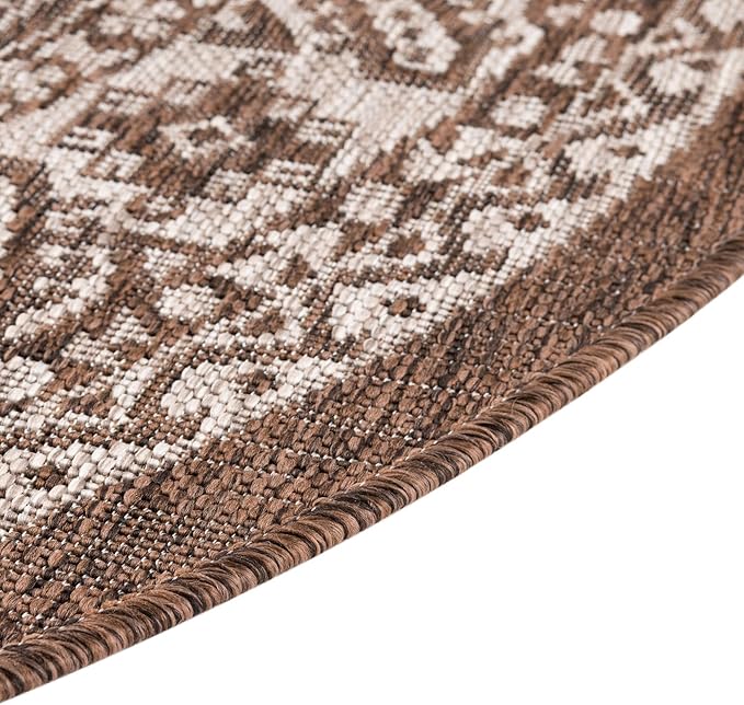 Rugs.com Outdoor Aztec Collection Rug – 13 Ft Round Brown Flatweave-Pile Rug Perfect for Kitchens, Dining Rooms