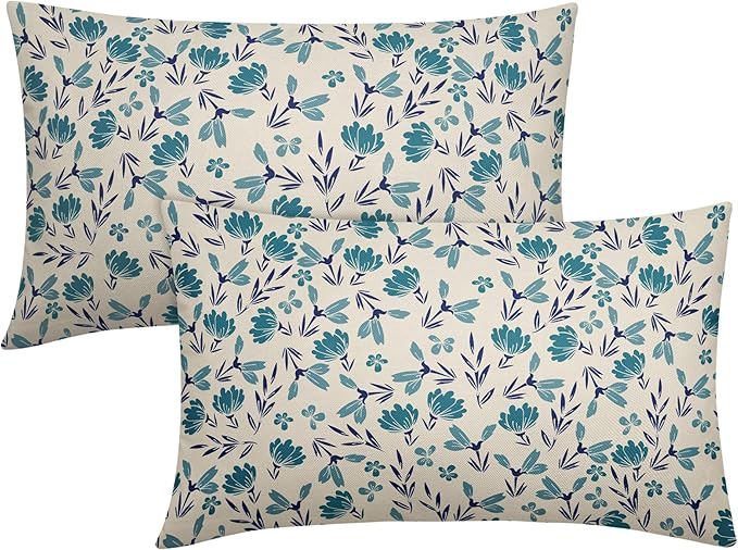 Navy Blue Teal Floral Pillow Covers 12x20 Set of 2 Vintage Rustic Old Style Cute Small Flower Print Rectangle Decorative Outdoor Pillowcases Farmhouse Throw Cushion Case Decor for Couch Sofa Bed