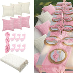 91 x 71 Extra Large Outdoor Boho Picnic Blanket with Pink Table Runner, 6 Throw Pillow Covers 6 Napkins Woven Cotton Yarn Oversize Beach Blanket Washable Picnic Camp Wedding