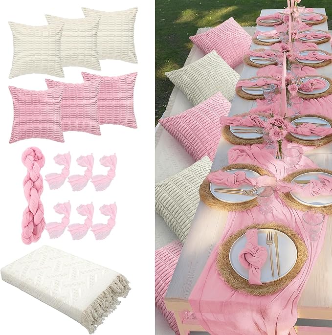 91 x 71 Extra Large Outdoor Boho Picnic Blanket with Pink Table Runner, 6 Throw Pillow Covers 6 Napkins Woven Cotton Yarn Oversize Beach Blanket Washable Picnic Camp Wedding