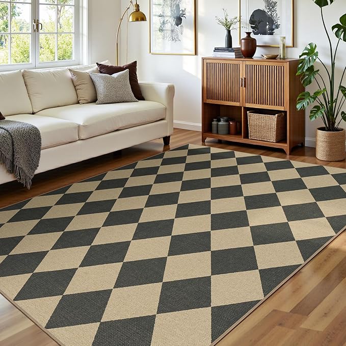 Lessymo Checkered Easy Jute 5x7 Area Rugs, Washable Patio Rug for Living Room Farmhouse Indoor Outdoor Carpet, Geometric Non Slip Black Carpet for Bedroom Backyard Dining Room, Diamond Black/Beige