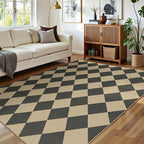 Lessymo Checkered Easy Jute 5x7 Area Rugs, Washable Patio Rug for Living Room Farmhouse Indoor Outdoor Carpet, Geometric Non Slip Black Carpet for Bedroom Backyard Dining Room, Diamond Black/Beige