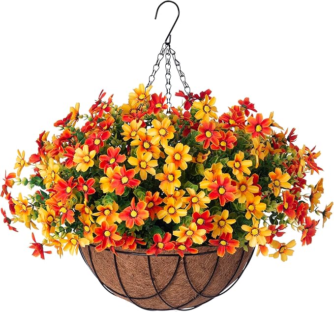 Artificial Flowers with Hanging Planter for Outdoor Decor, Faux Silk Daisy UV Resistant Plants in Basket for Indoor Porch Garden Yard Spring Summer Decor(Orange)