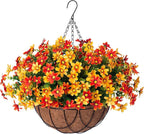 Artificial Flowers with Hanging Planter for Outdoor Decor, Faux Silk Daisy UV Resistant Plants in Basket for Indoor Porch Garden Yard Spring Summer Decor(Orange)