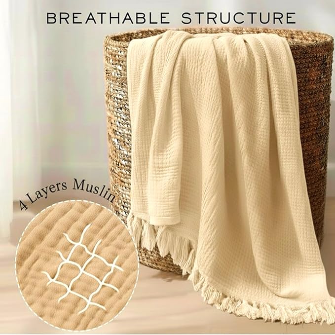 KyraHome 100% Organic Cotton Throw Blanket, 90"x90" Queen Muslin Blankets for Adults, Couch, Pre-Washed Breathable Lightweight Blanket, Coverlet, All Season (Shortbread/Creamy)