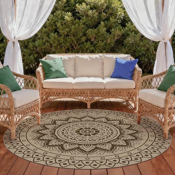 Outdoor Round Rug 6ft, Easy Jute Rug Washable Indoor Outdoor Patio Rug, Non Slip Round Area Rug Farmhouse Front Door Mat,Boho Lightweight Carpet for Backyard Patio Entry (Brown, 6 Ft)