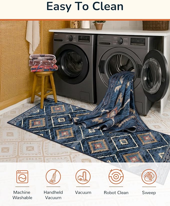 Area Rug 6x9 Rug Machine Washable Non-Slip Low Pile Print Pattern Western Rug for Living Room Bedroom Entryway Tribal Series -Darkblue