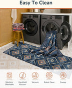 Area Rug 9x12 Rug Machine Washable Non-Slip Low Pile Print Pattern Western Rug for Living Room Bedroom Entryway Tribal Series -Darkblue
