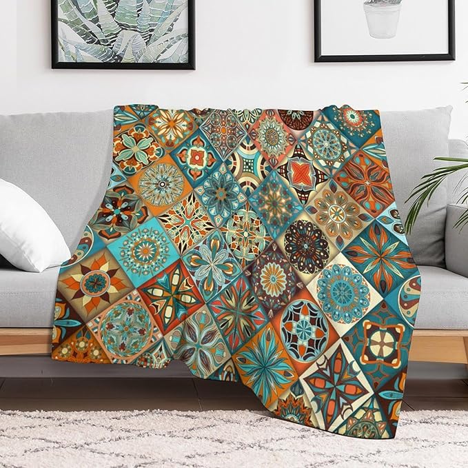 Boho Floral Throw Blanket Mandala Colorful Bohemian Flowers Art Pattern Blanket for Sofa Bed Couch Chair Or Dorm 60"x80"