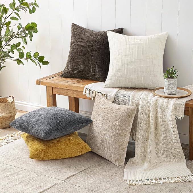 decorUhome Summer Cream White Chenille Throw Pillow Covers 20x20 Set of 2 Textured Soft Cozy Slubby Couch Pillow Covers Modern Farmhouse Boho Decorative Pillow Cases for Bed Sofa Living Room