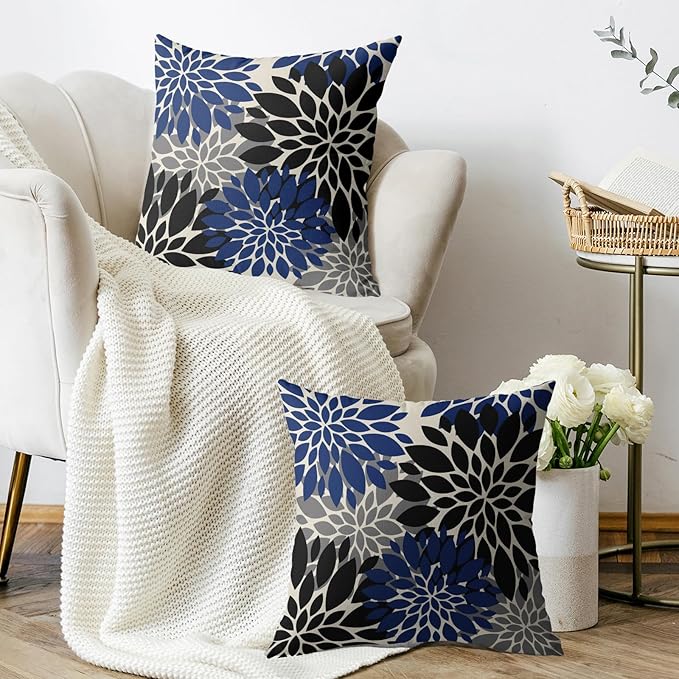 Black Navy Blue Pillow Covers 24X24 Inch Set of 2, Spring Summer Floral Dahlia Flower Cream Decorative Throw Pillow Covers Outdoor Modern Farmhouse Cushion Case for Home Couch Sofa Bed Decor