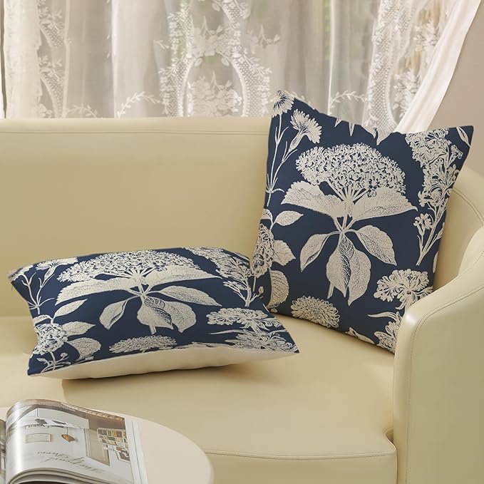 Blue Pillow Covers 16x16 Set of 2 Boho White Floral Throw Pillows Hydrangea Herbs Botanical Decoration Pillowcase Linen Farmhouse Vintage Flower Cushion Case Outdoor Decorative for Couch Sofa