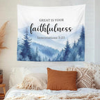 MNASAIOO Christian Mountian Woods Wall Tapestry Hanging for Bedroom, Bible Verse Scripture Great Is Your Faithfulness Tapestries,Blue Watercolor Wall Decor Banner for Living Prayer Room Church 50x60in