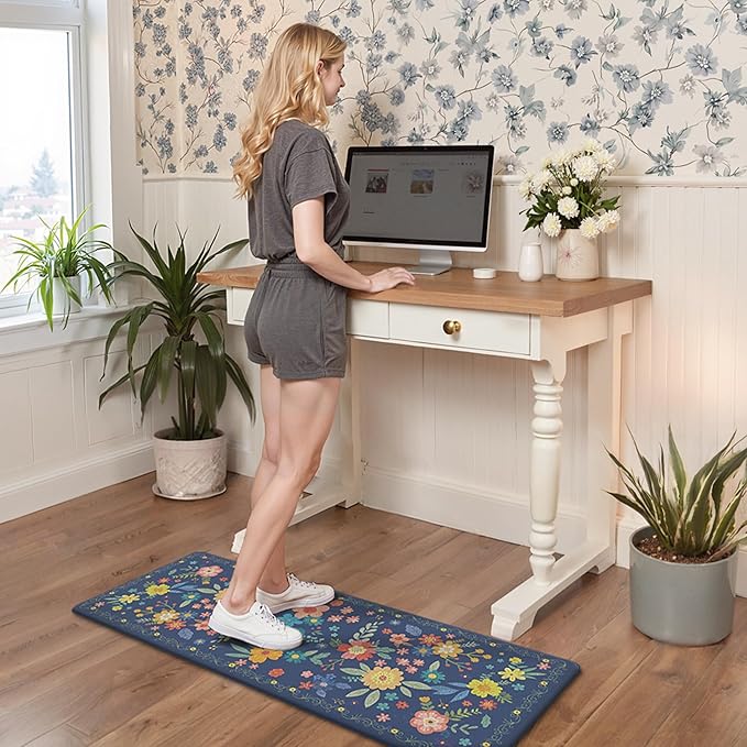 GENIMO Kitchen Mats for Floor 2PCS, Cushioned Kitchen Rugs Non Slip Washable, Farmhouse Anti Fatigue Mat Waterproof, Comfort Standing Mat Rug for Office, Home, Laundry, 17.3"x47"+17.3"x30", Navy