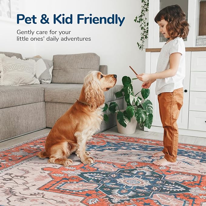 Lessymo 5x7 Area Rugs for Living Room- Machine Washable Area Rugs, Super Soft Faux-Wool Boho Bedroom Area Rug Vintage Floral Medallion Non-Slip Low Pile, Kid & Pet Friendly, Tangerine Blue
