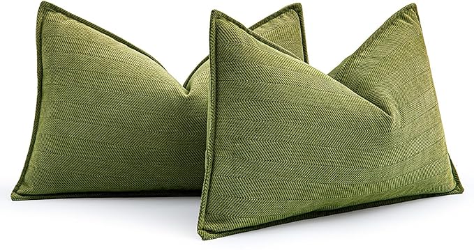 MIULEE Pack of 2 Moss Green Decorative Lumbar Pillow Covers 12x20 Inch Soft Chenille Luxurious Couch Throw Pillows Farmhouse Cushion Covers with Elegant Design for Sofa Bed Living Room Spring Decor