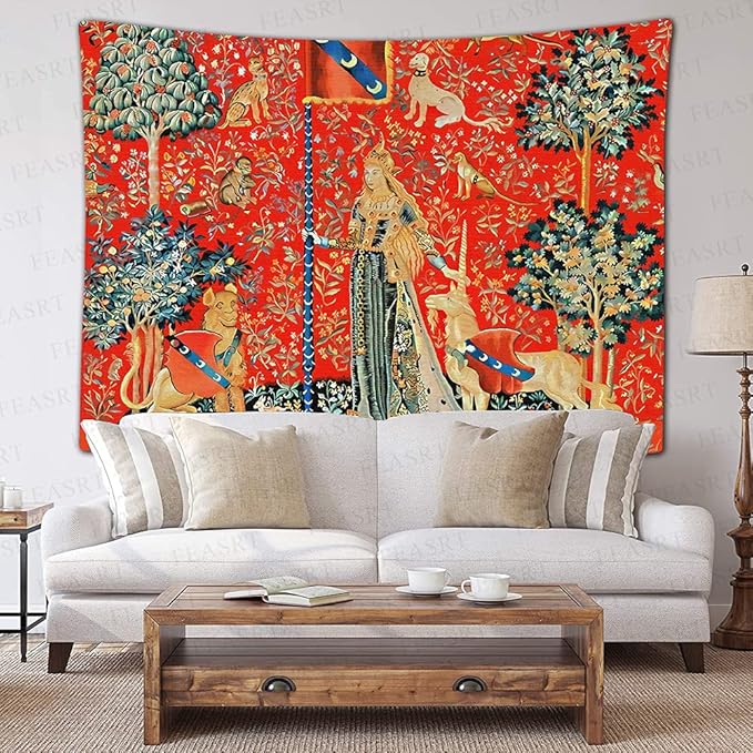 FEASRT European Royal Tapestry Medieval Princess Tapestry, 60x40 Inches Soft Flannelette, Lady and Unicorn for Living Room Bedroom Dorm Decor