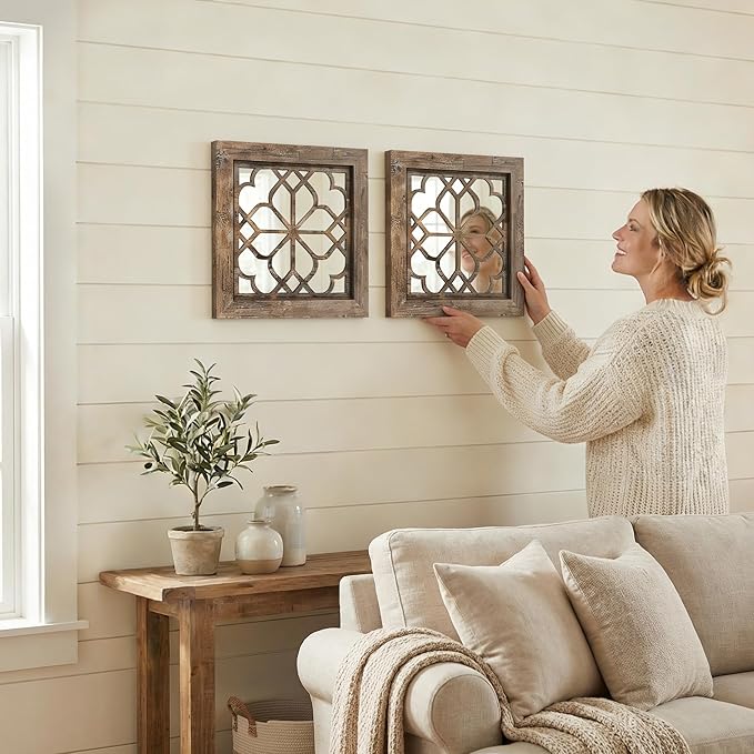 Boho Wall Mirror Decor, Set of 2 Rustic Farmhouse Mirror 12x12 Inch, Square Shatterproof Vintage Style Mirrors for Wall, Small Decorative Mirrors for Living Room, Bedroom(Redbrown)