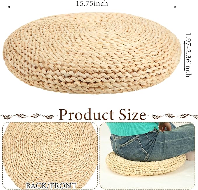 Barydat 8 Pcs Floor Cushions Round Large Pillow Seating Meditation Floor Pillow Boho Natural Woven Seat Cushion Japanese Tatami Cushion for Yoga Room Balcony Chair Pad, 15.75 Inch