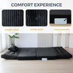 MAXYOYO Folding Sofa Bed, Tufted Bean Bag Bed with Pillows Floor Mattress for Adults, Extra Thick and Long Floor Sofa, Twin Couch for Bedroom Living Room, Black, 39x91 Inch