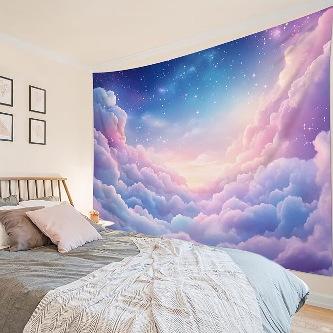 LB Pink Cloud Tapestry Blue Starry Sky Tapestries Wall Hanging Aesthetic Nature Scenery Wall Decor for Bedroom Living Room College Dorm,78Wx60H inches